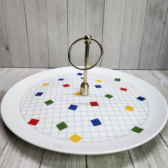 Vintage Japanese Checkered Tiled Decor Serving Tray Platter with Metal Handle - Picture 3 of 10